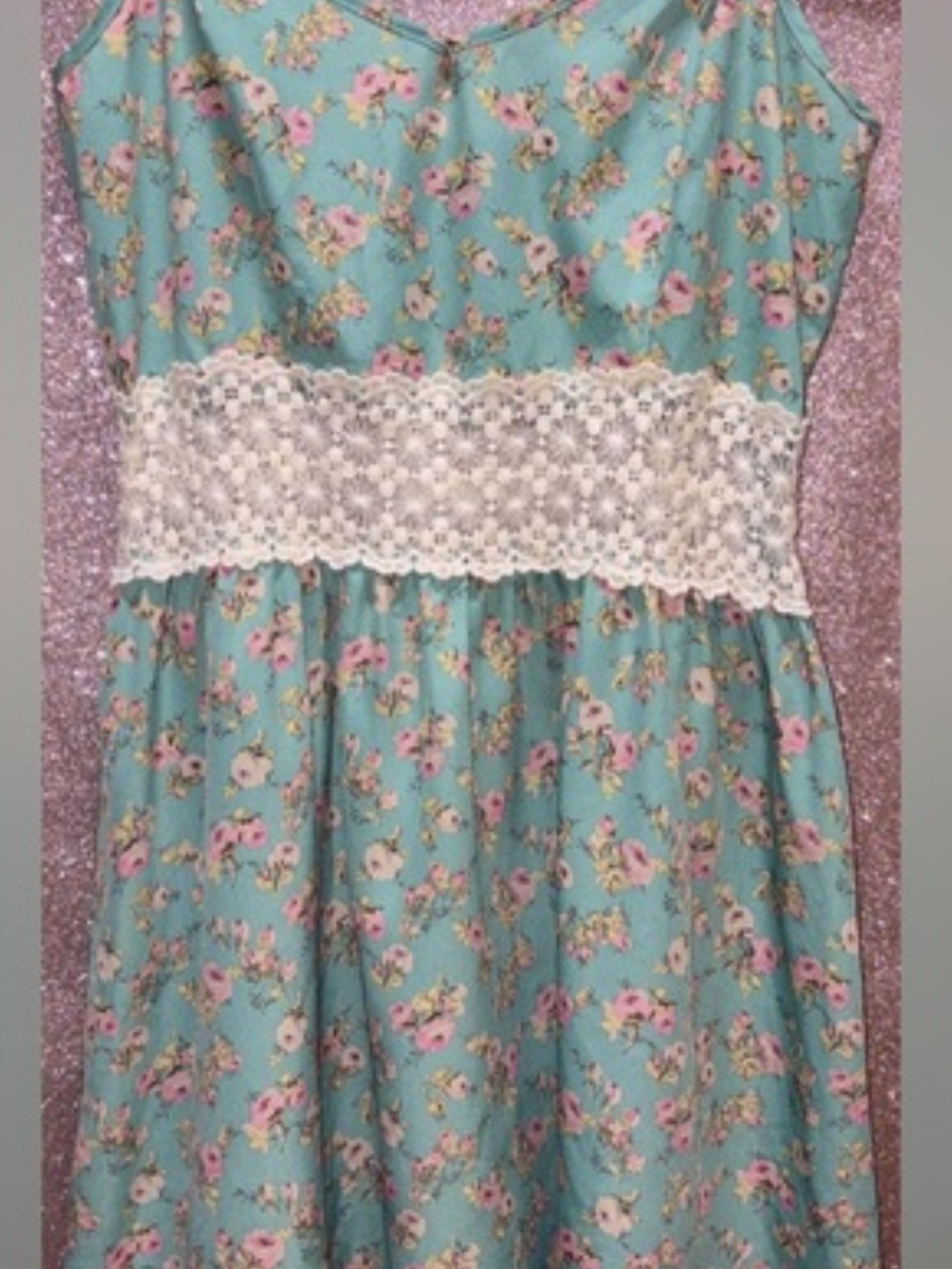 Living Doll Floral Lace-Trim Aqua Dress